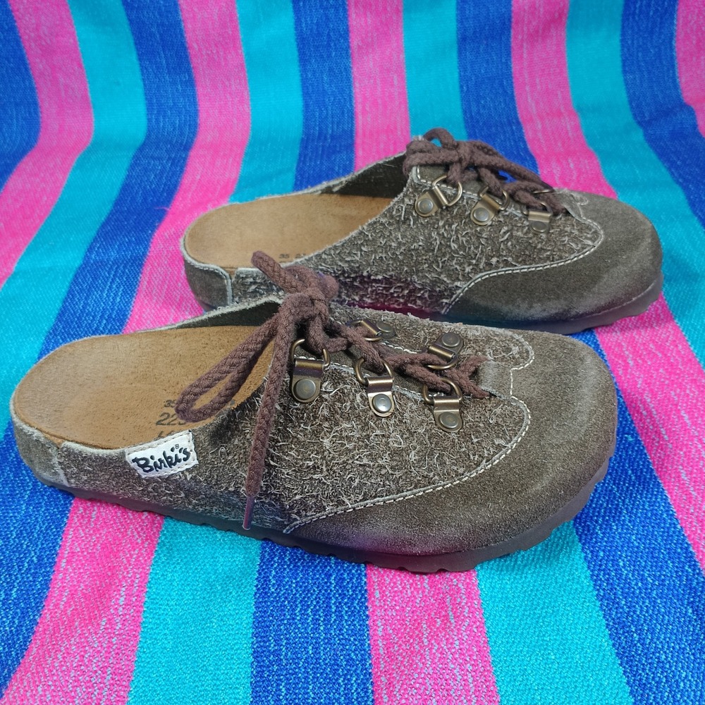 Birki's Birkinstock Clogs Women 35 Brown Suede Mules Montserrat Lace Up Textured